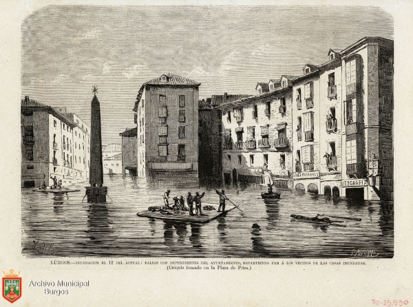 Grabado de Isidro Gil de la inundación de 1874 publicado en La Ilustración Española y Americana. Fuente: Archivo Municipal de Burgos.